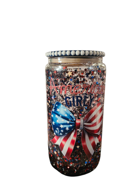 American Girly white Rhinestone Snow Globe Tumbler