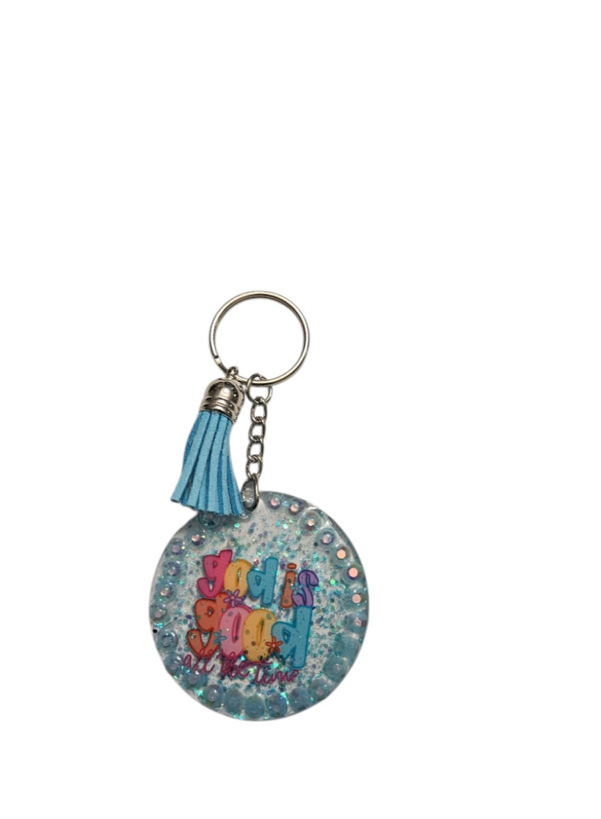 Blue Rhinestone God is Good Keyring
