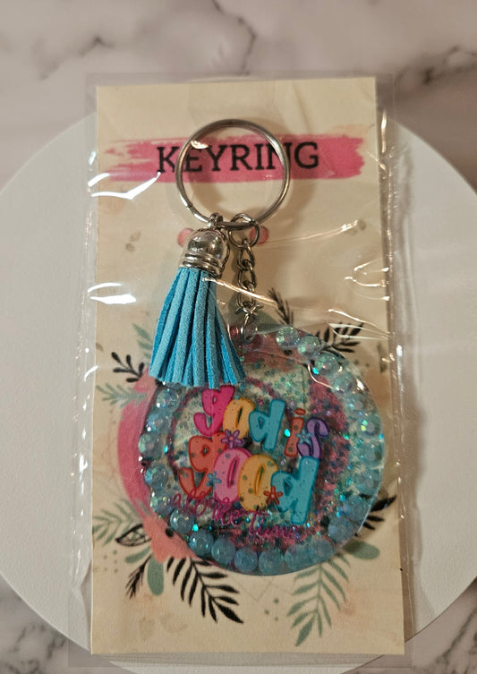 Blue Rhinestone God is Good Keyring