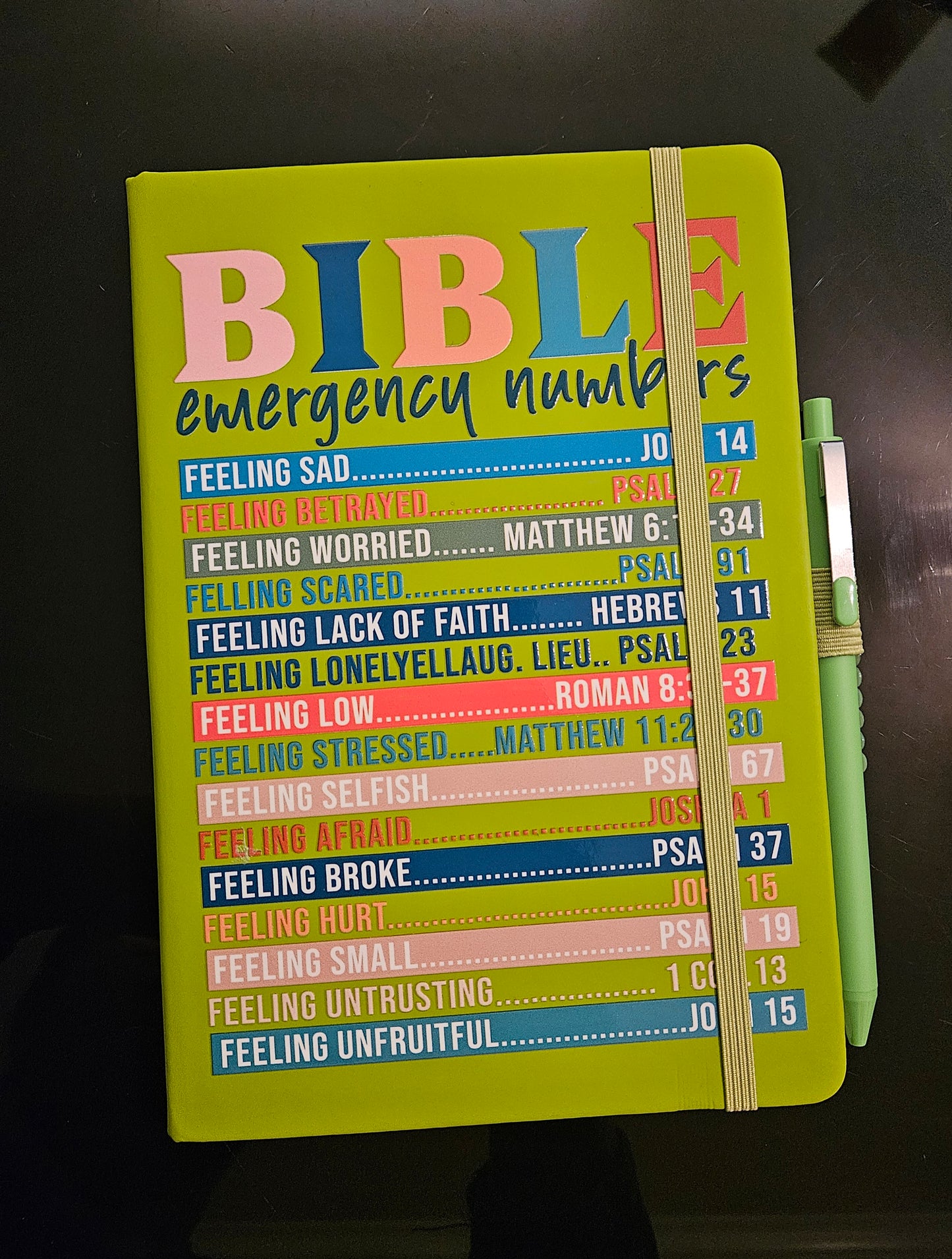 Green Bible Emergency Numbers Journal with Bling Pen